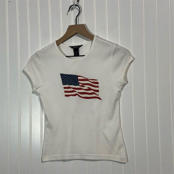 Abercrombie Y2K American Flag Tee Women XS/S White USA Patriotic Vintage 90s JFK - Picture 1 of 9
